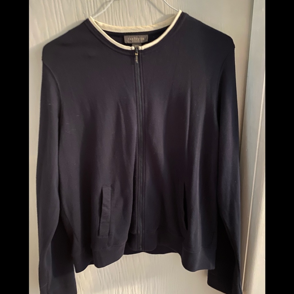 Women’s Van Heiden navy XL zipper sweater with white trim around neck